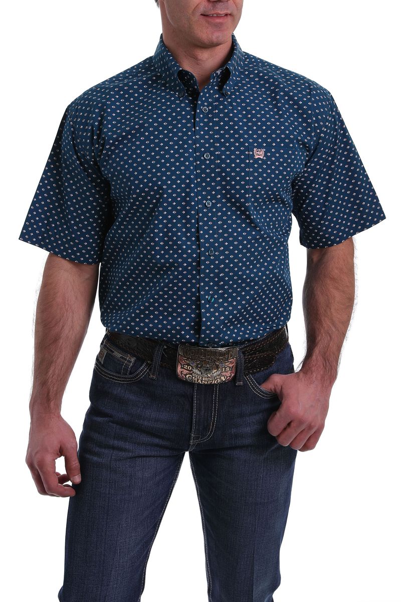 Blue Printed Short Sleeves Denim Shirt|296667801