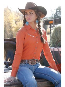 Cinch Ladies Orange Western Fringe Blouse