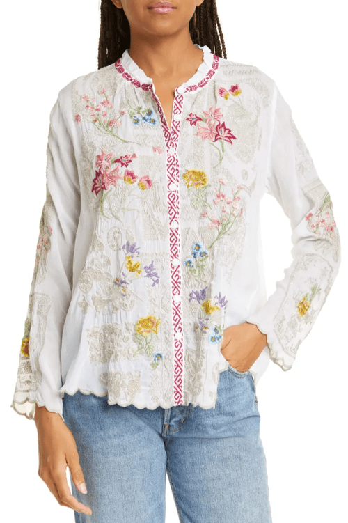 Johnny Was Womens Allbee Scalloped Floral-Print Blouse