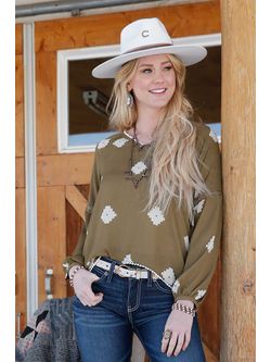 Cinch Womens Olive Long Sleeve Blouse
