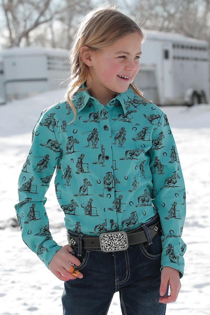 Cinch Girls Turquoise Print Long Sleeve Shirt